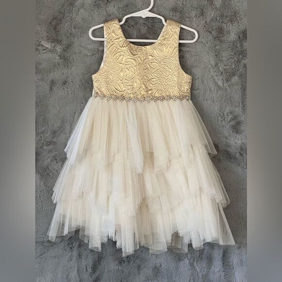 EUC American Princess Gold & Cream w/Jewels Girls Dress Size 4 - Picture 1 of 13